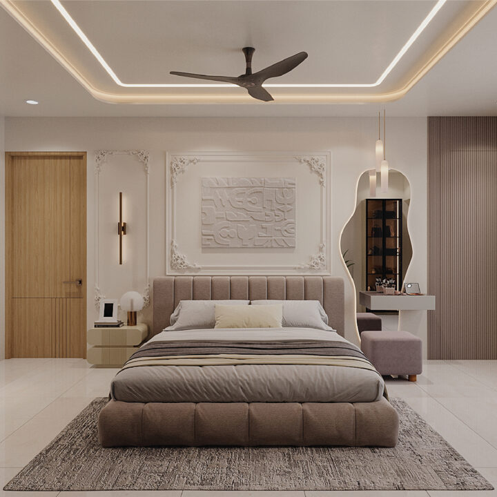 Stylish family apartment interior with modern furniture, spacious living area, and elegant lighting design.