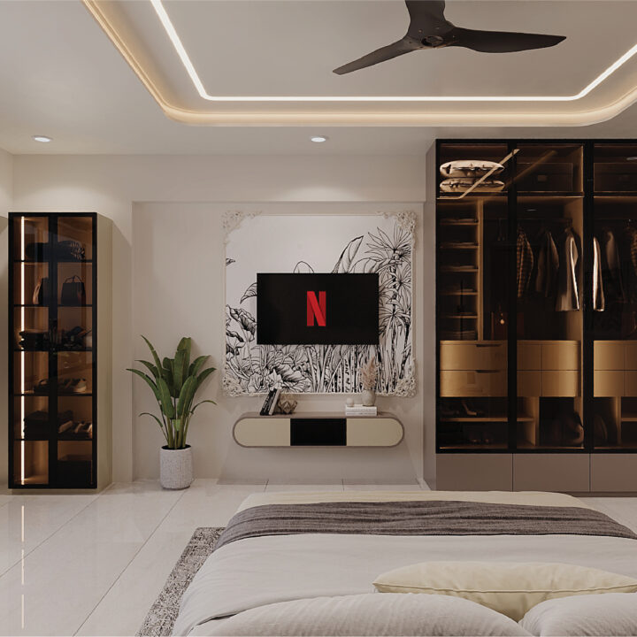 Stylish family apartment interior with modern furniture, spacious living area, and elegant lighting design.